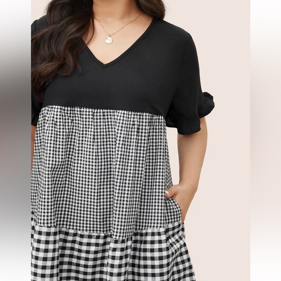 BloomChic Plus Size Gingham Patchwork V Neck Pocket Ruffles Dress - Picture 3 of 7